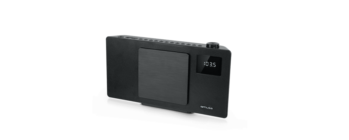 Muse M-60BT black micro system showing front and top with digital display tuned to 103.5 FM