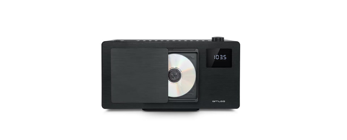 Muse CD BT Micro System in black with sliding CD door open and digital display showing 103.5 FM