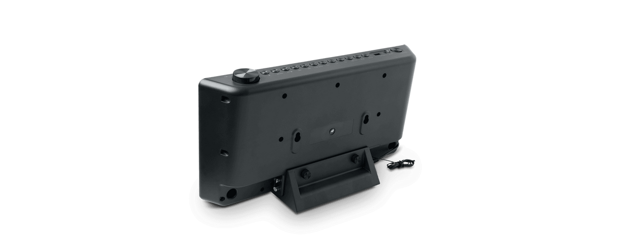 Back view of Muse CD BT Micro System 2x20w Black showing control buttons and stand.