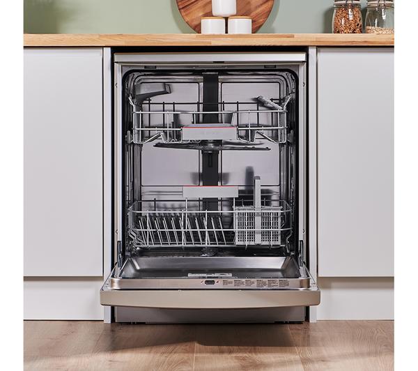 BOSCH Series 4 SMS4EKI06G silver full-size dishwasher with efficient cleaning, available at Keans Claremorris.