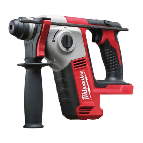 Milwaukee M18 Compact SDS-Plus Hammer Drill bare unit with side handle and red-black body shown from left side.