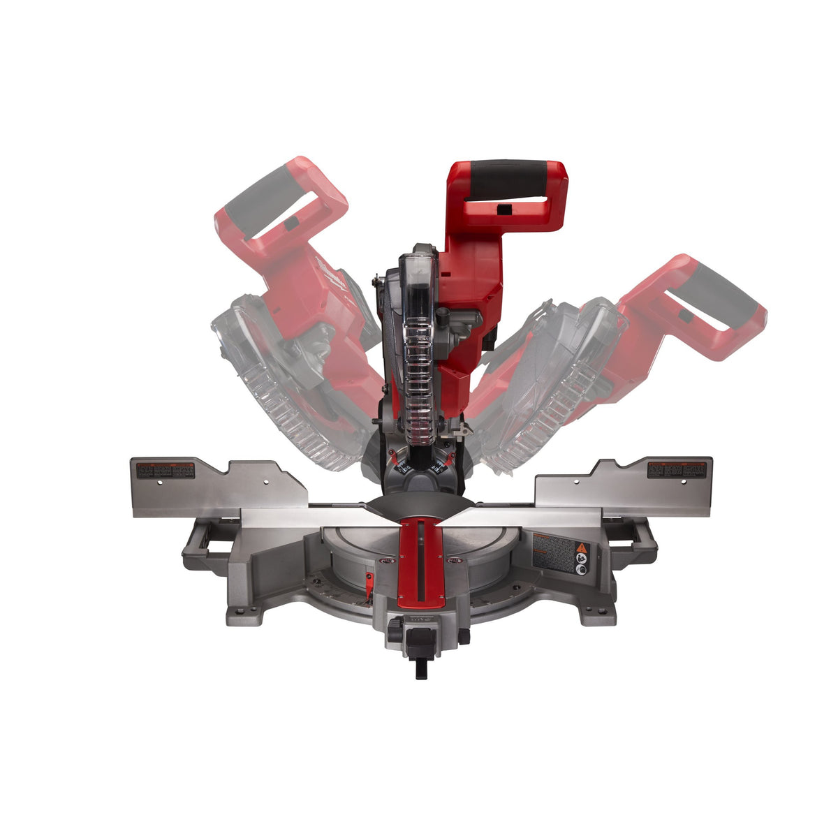 Milwaukee M18 Fuel 190mm Mitre Saw showing adjustable handle positions and blade guard on metal base.