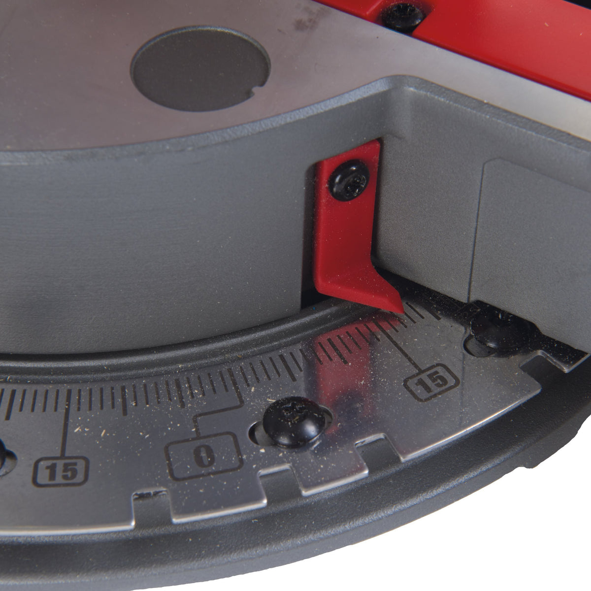 Close-up of the angle adjustment scale and red indicator on the Milwaukee M18 Fuel 190mm Mitre Saw base plate.