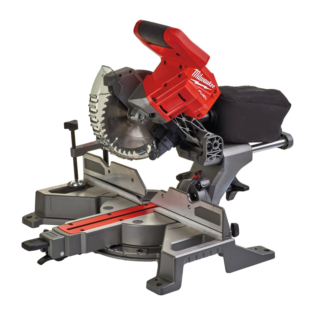 Milwaukee M18 Fuel 190mm mitre saw with red handle, blade guard, and dust collection bag on gray base.