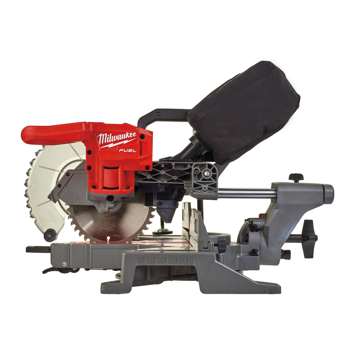 Milwaukee M18 Fuel 190mm mitre saw side view showing blade, red motor housing, and dust collection bag