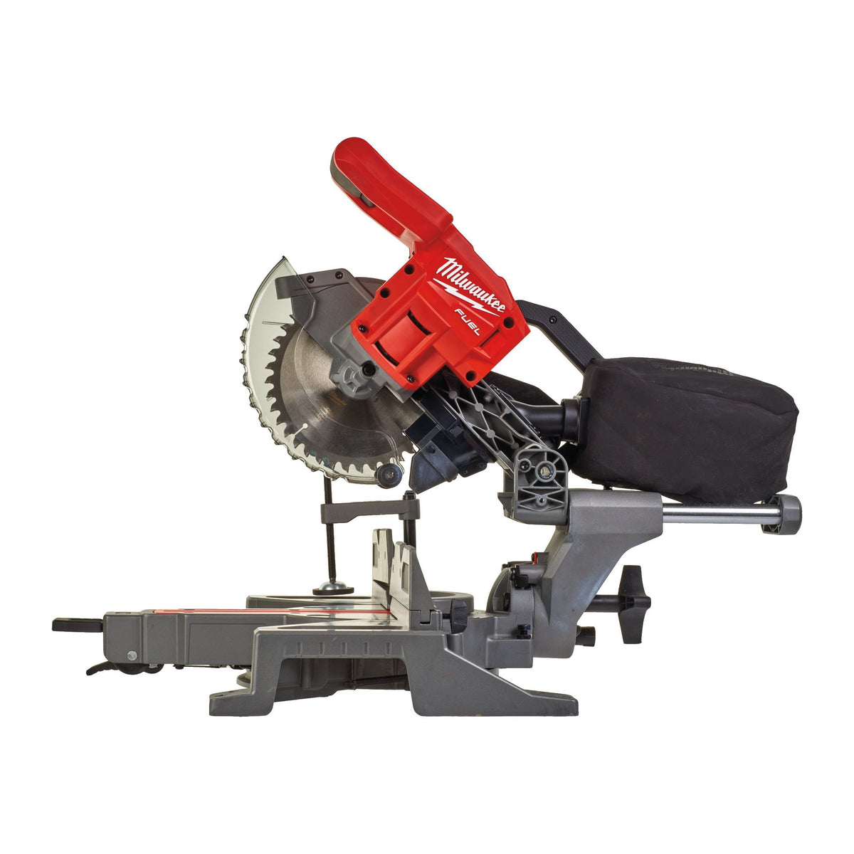 Milwaukee M18 Fuel 190mm mitre saw side view showing blade, red motor housing, and dust bag attachment