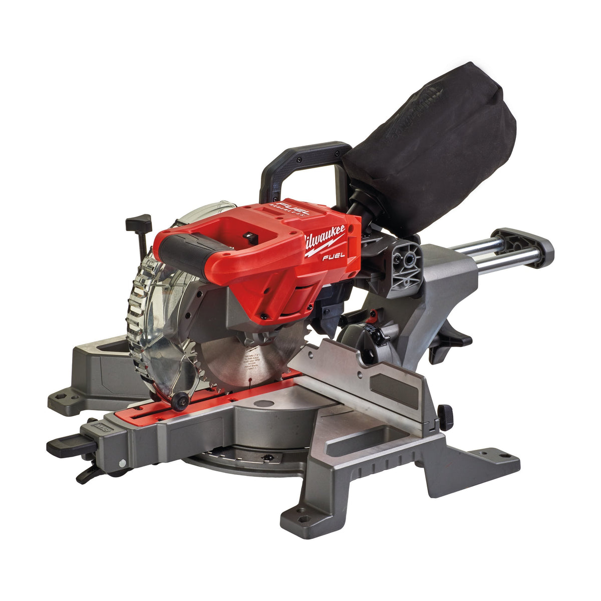 Milwaukee M18 Fuel 190mm mitre saw with red motor housing, black handle, and dust collection bag attached