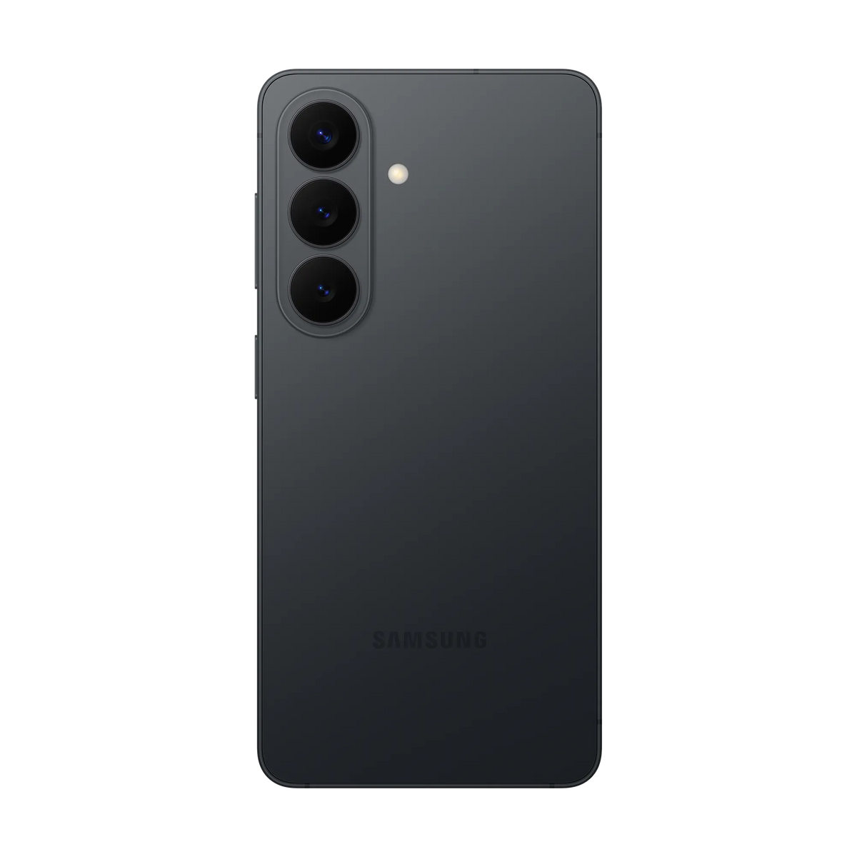 Close-up of the black Samsung Galaxy S26 rear triple camera and flash on a matte finish back panel.