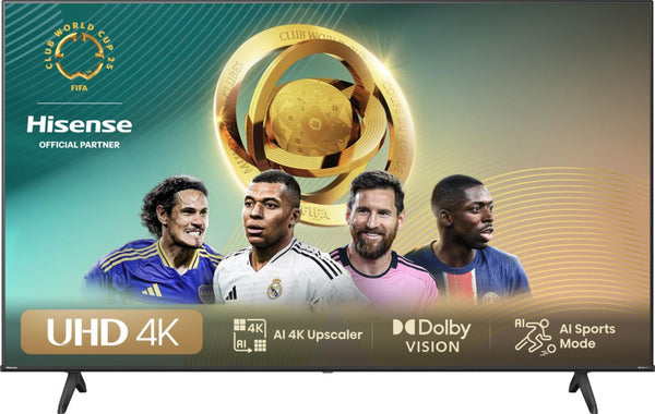 Hisense TV displaying a sports event with four athletes and branding elements.