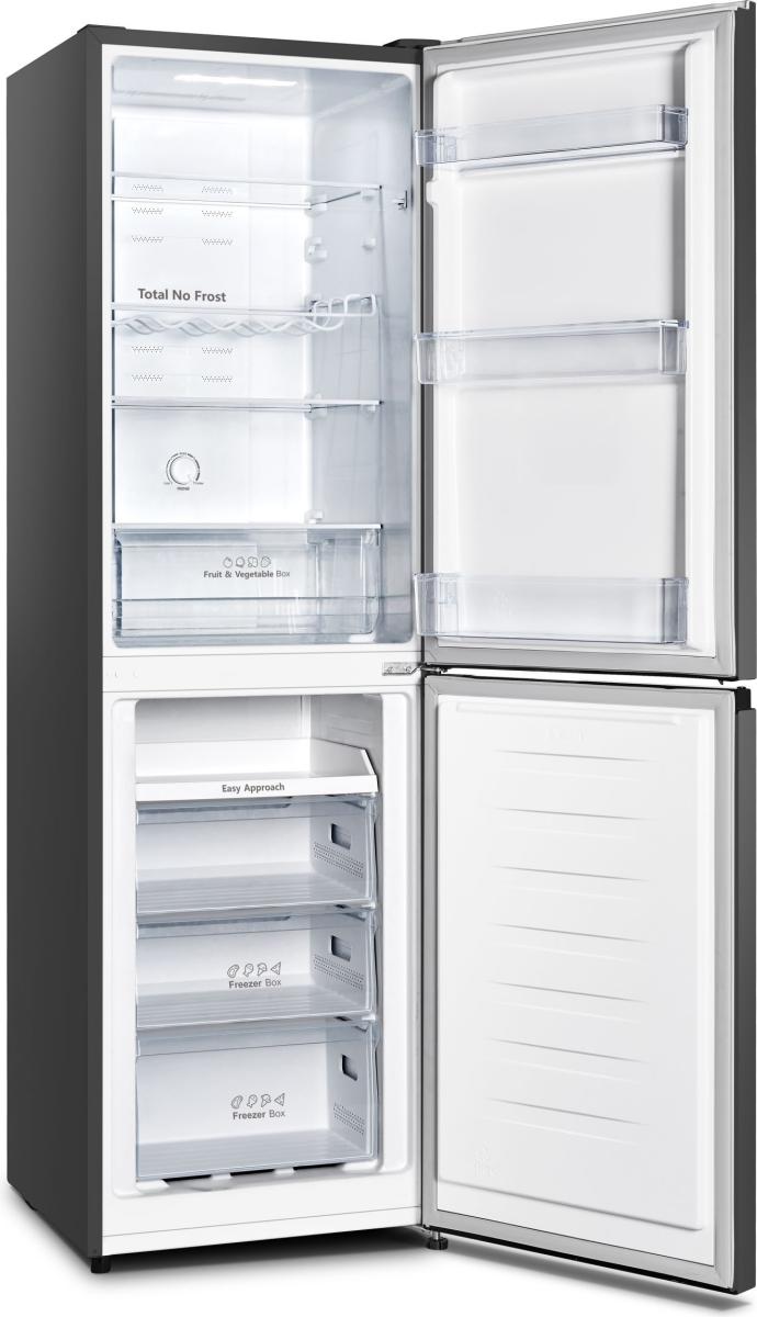 Hisense 256L fridge freezer with open doors showing shelves, fruit box, and three freezer drawers.