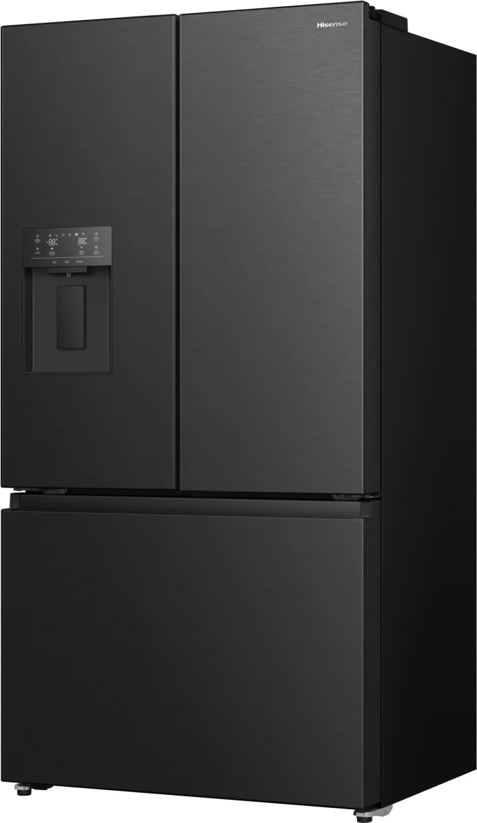 Black Hisense freestanding water dispenser and ice maker with French doors and bottom freezer drawer