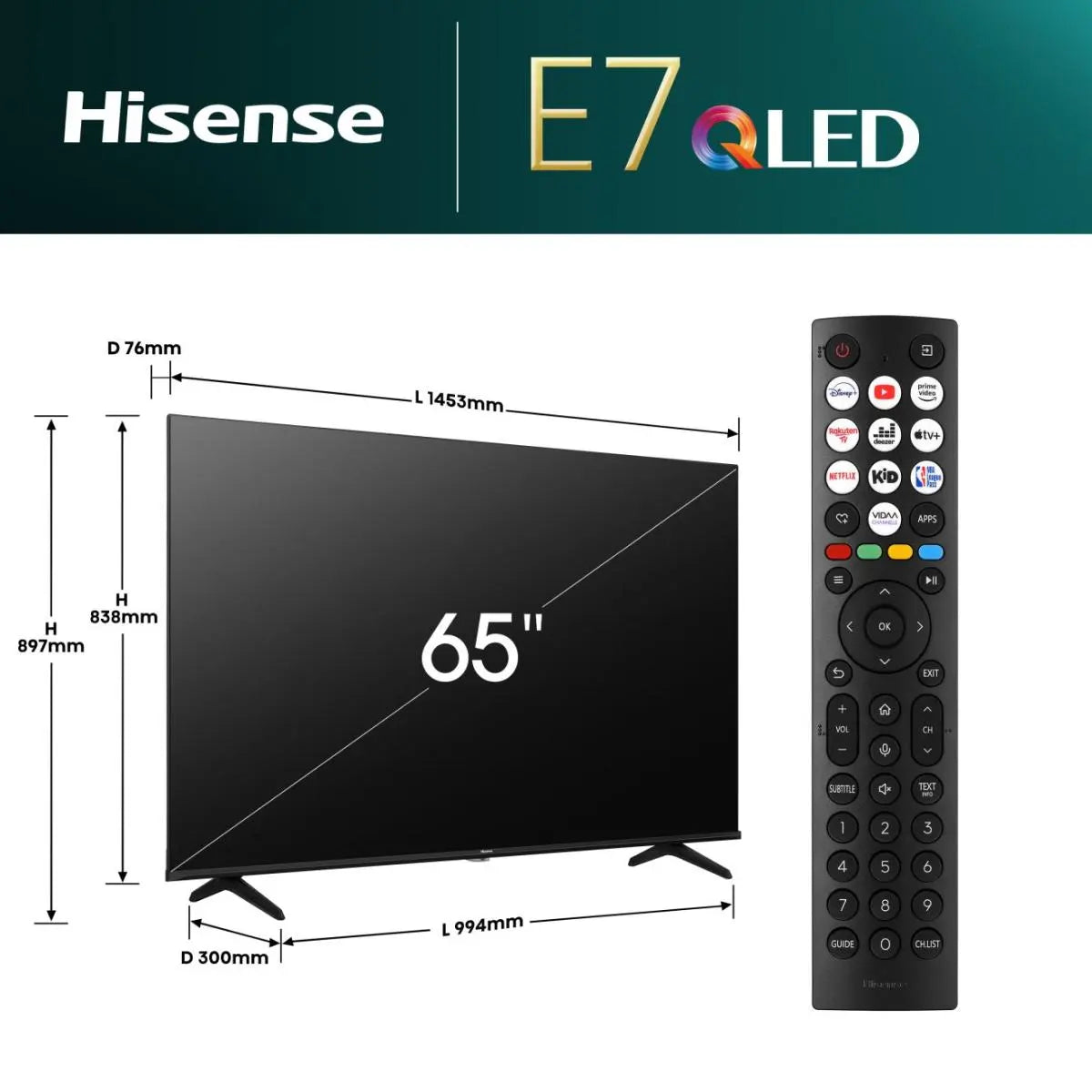 Hisense 65 Inch 4K QLED Smart TV Series E71Q with dimensions and remote control shown on white background.