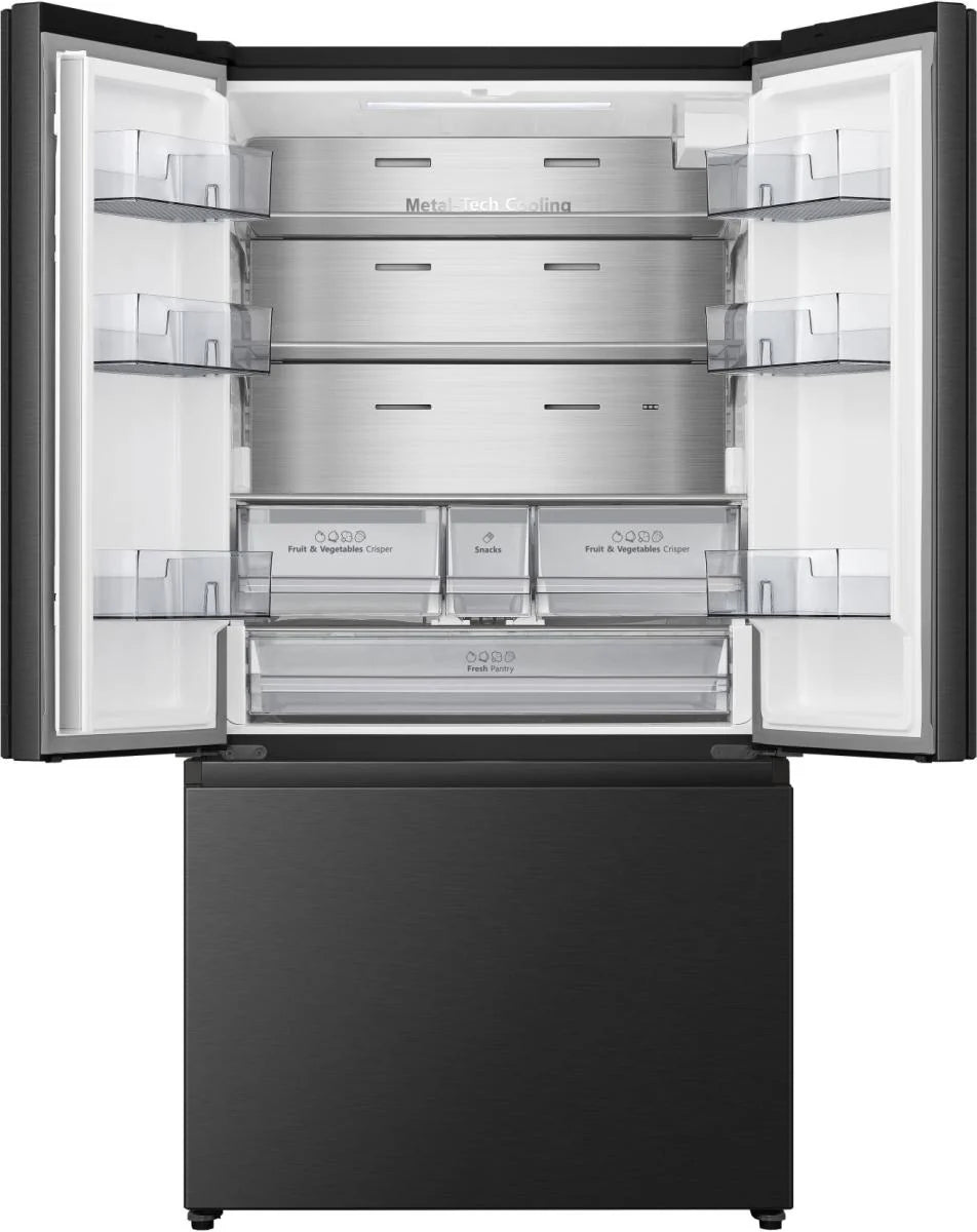Hisense black freestanding water dispenser and ice maker with open double doors showing empty shelves and drawers