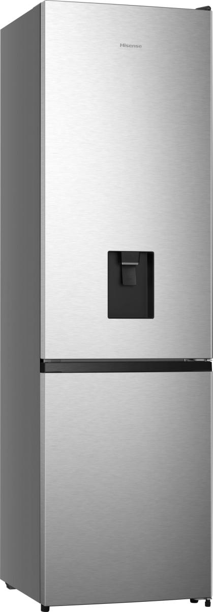 Hisense stainless steel fridge freezer with bottom freezer and built-in water dispenser on the door