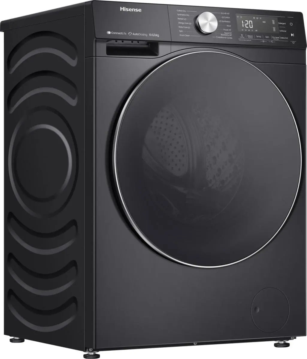 Hisense black 10.5kg wash 6kg dry washer dryer with digital display and control knob, angled view.