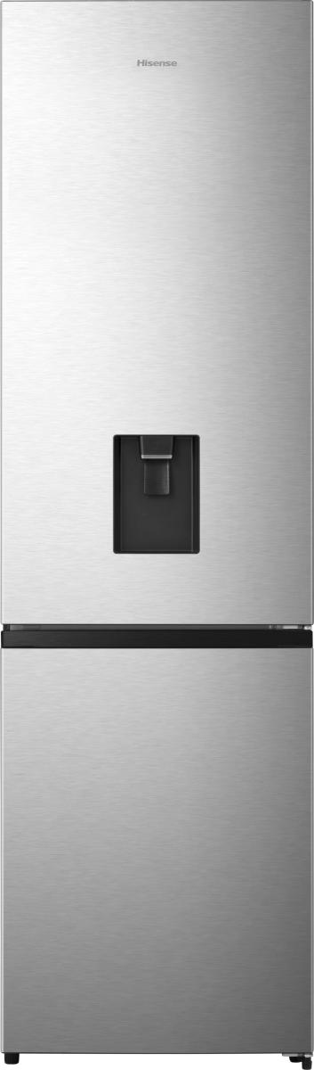 Hisense stainless steel fridge freezer with top water dispenser and bottom freezer drawer, front view.