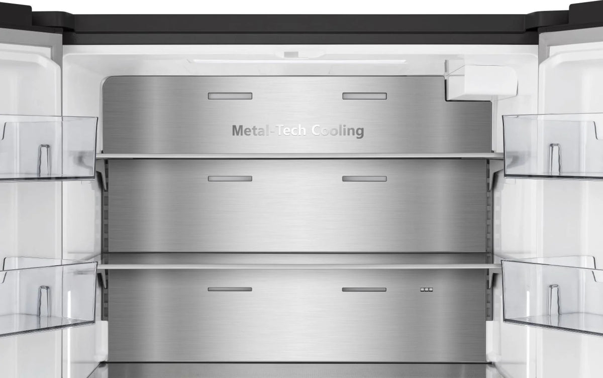 Interior view of Hisense water dispenser showing metal cooling panels and clear door shelves in black unit