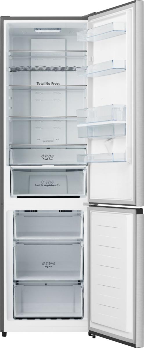 Open Hisense stainless steel fridge freezer showing empty shelves, drawers, and door compartments