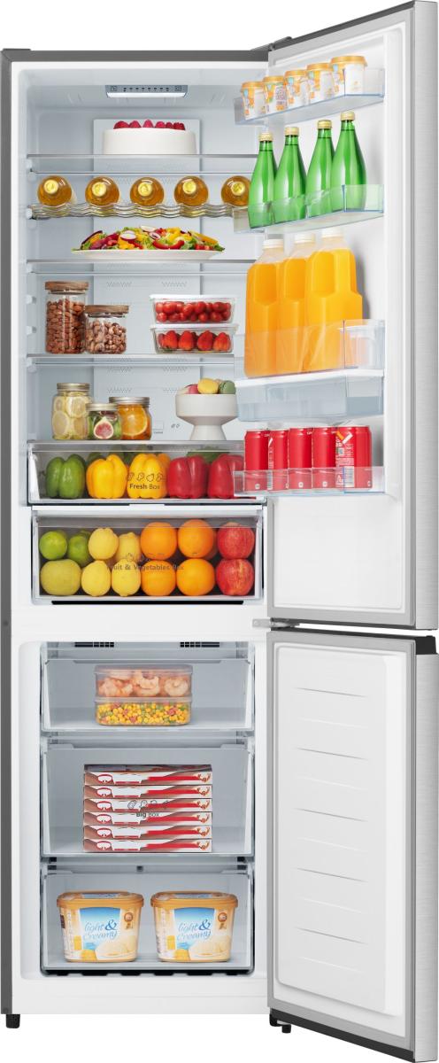 Hisense stainless steel fridge freezer with open doors showing stocked fridge and freezer compartments.