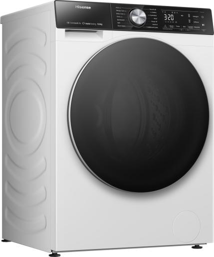 Hisense 10kg freestanding washing machine in white with large black door and LED control panel showing cycle time.