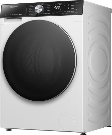 Hisense 10kg freestanding washing machine in white with black circular door and LED control panel on top