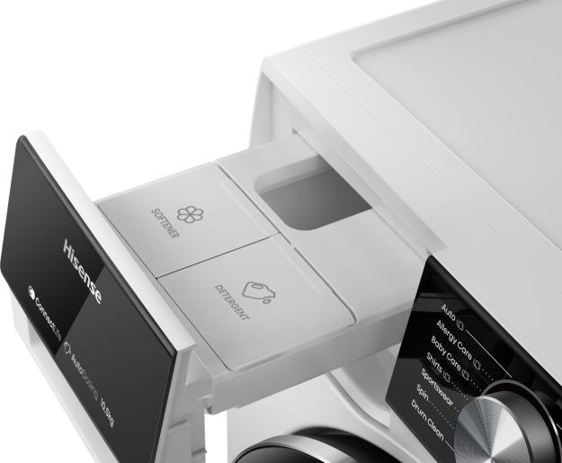 Close-up of Hisense washing machine detergent drawer with softener and detergent compartments visible.