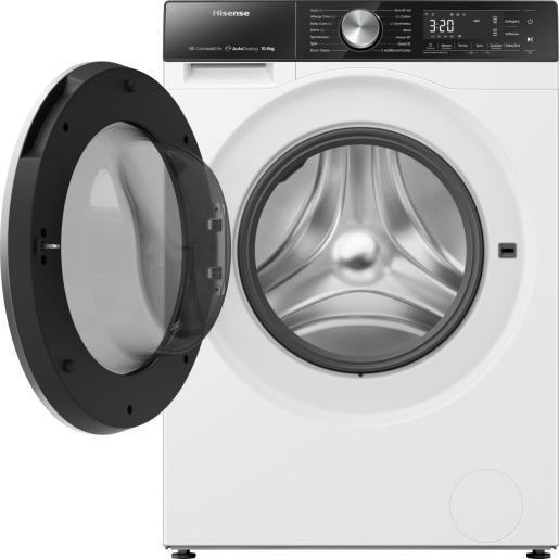 Hisense 10kg freestanding washing machine in white with open door and LED display panel showing cycle time.