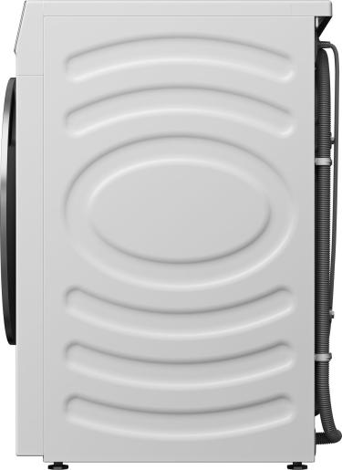 Side view of Hisense 10kg freestanding washing machine in white showing textured metal panel and attached hoses.