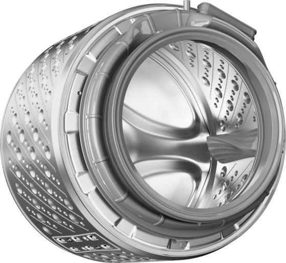 Close-up of the stainless steel drum and door seal of the Hisense 10kg washing machine.