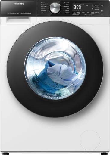 Hisense 10kg freestanding washing machine in white with black door and LED display showing cycle time, containing clothes.
