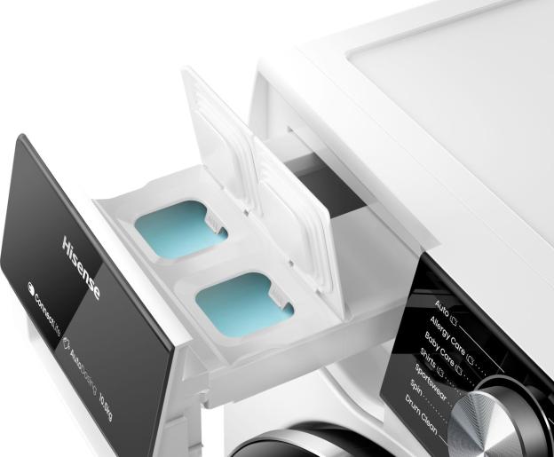 Hisense washing machine detergent drawer open, showing compartments for detergent and fabric softener.