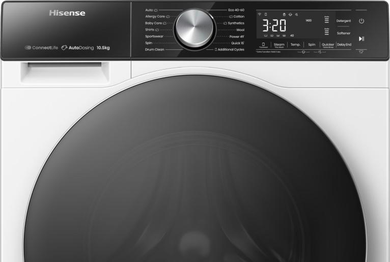 Close-up of Hisense 10kg washing machine control panel with LED display and program dial in white.