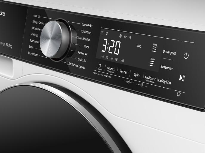 Close-up of Hisense 10kg washing machine control panel with LED display and cycle selector knob.