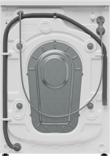 Back panel of Hisense 10kg freestanding washing machine showing hoses and metal cover plate.