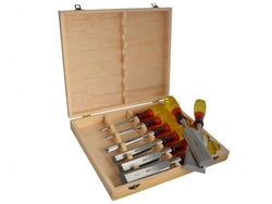 Irwin Marples 8pc Splitproof Bevel Edge Chisel Set with wooden case, durable blades and acetate handles - Keans Claremorris
