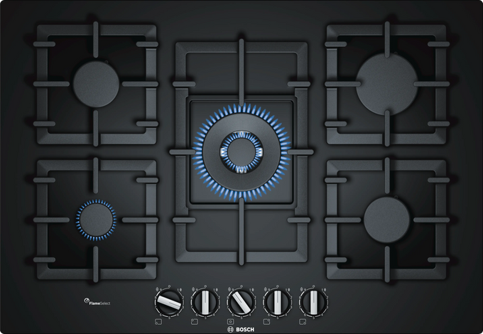 Bosch PPQ7A6B90 75cm gas hob with 5 burners, FlameSelect dial control, tempered glass, wok burner – Keans Claremorris