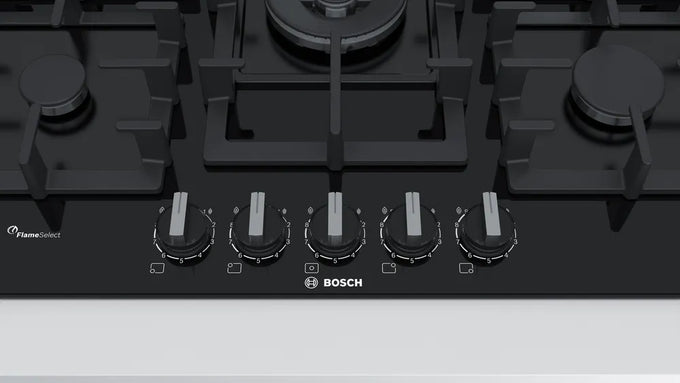 Bosch PPQ7A6B90 75cm Flame Select Gas on Glass Hob, sleek black design, available at Keans Claremorris.
