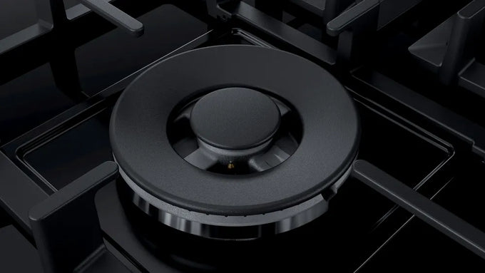 Bosch PPQ7A6B90 75cm Flame Select Gas on Glass Hob, sleek black design – available at Keans Claremorris