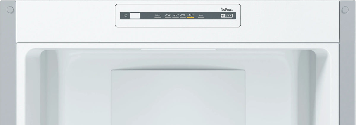 Close-up of Bosch Series 2 fridge freezer digital temperature control panel set to -18°C with NoFrost label