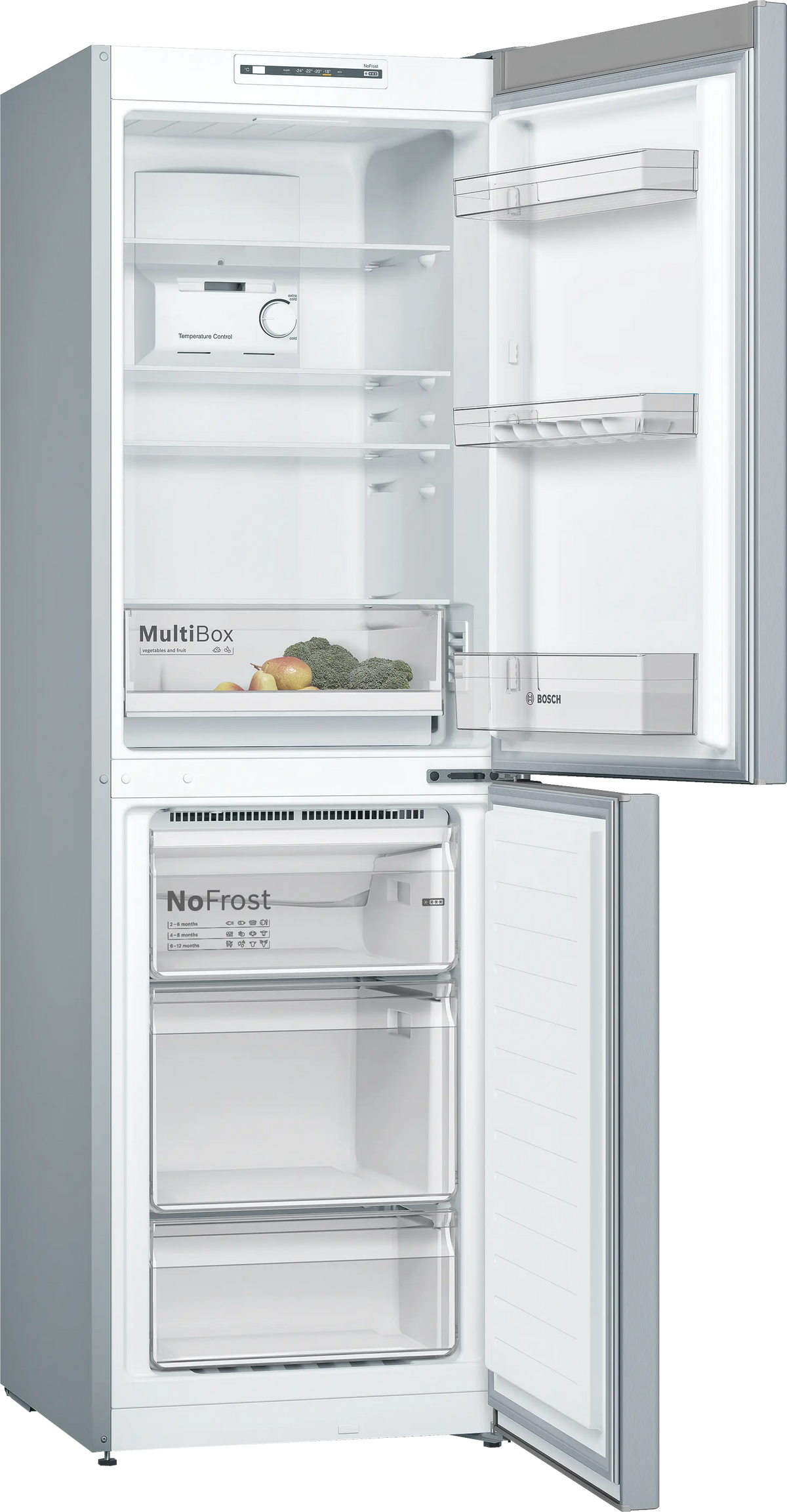 Bosch Series 2 fridge freezer with open doors showing adjustable shelves, MultiBox drawer, and freezer compartments.