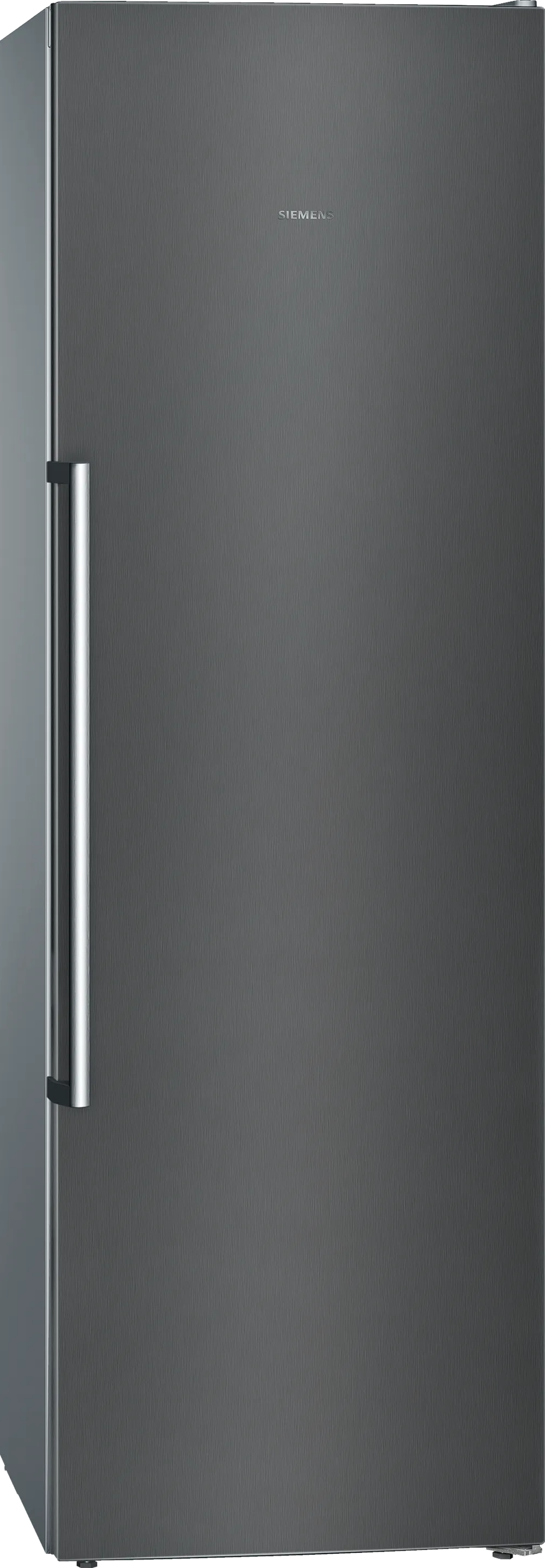 Siemens IQ500 freestanding freezer in black inox with vertical handle and anti-fingerprint finish, front view.