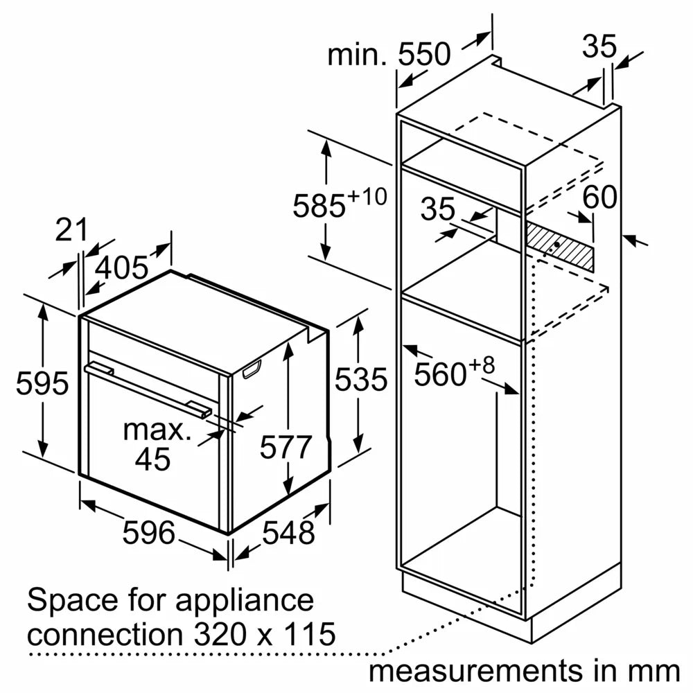 Technical drawing showing dimensions and installation space for NEFF N70 Slide&Hide B54CR71N0B electric oven in millimeters.