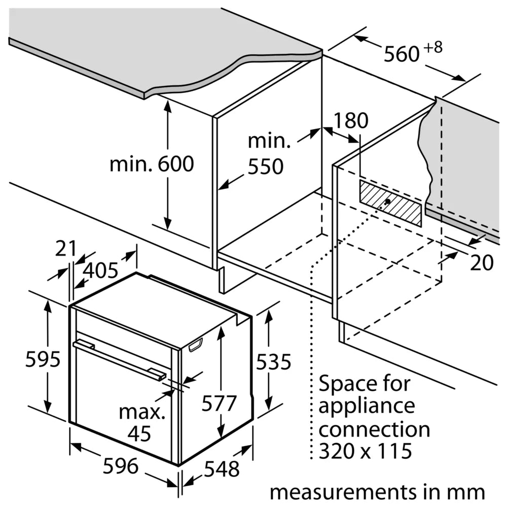 Technical drawing showing installation dimensions for NEFF N70 Slide&Hide B54CR71N0B electric oven in millimeters.