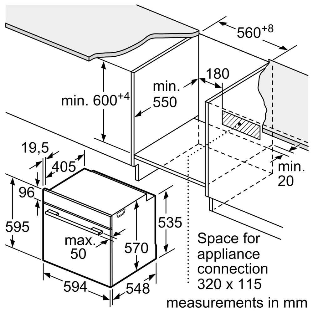 Diagram showing Bosch Single Oven stainless steel installation dimensions and required cabinet space in millimeters.