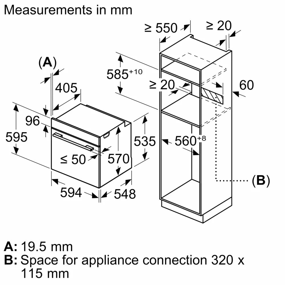 Diagram showing Bosch single oven stainless steel dimensions and installation space requirements in millimeters.