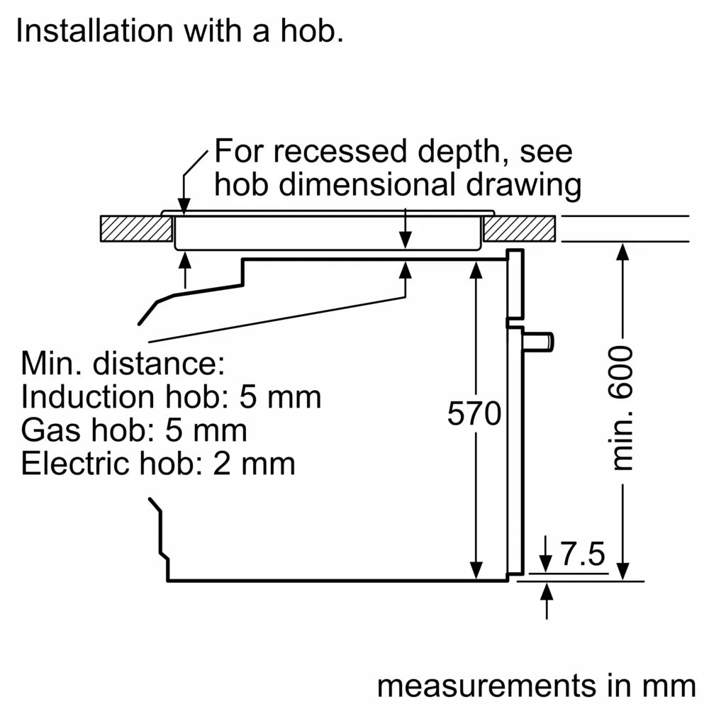 Side technical drawing of Bosch single oven showing installation depth and minimum distances for different hob types.