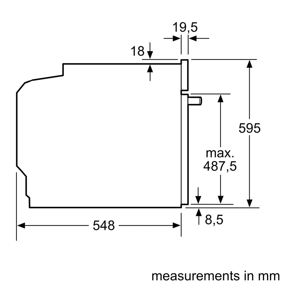 Side technical drawing of Neff N50 built-in oven with detailed measurements in millimeters