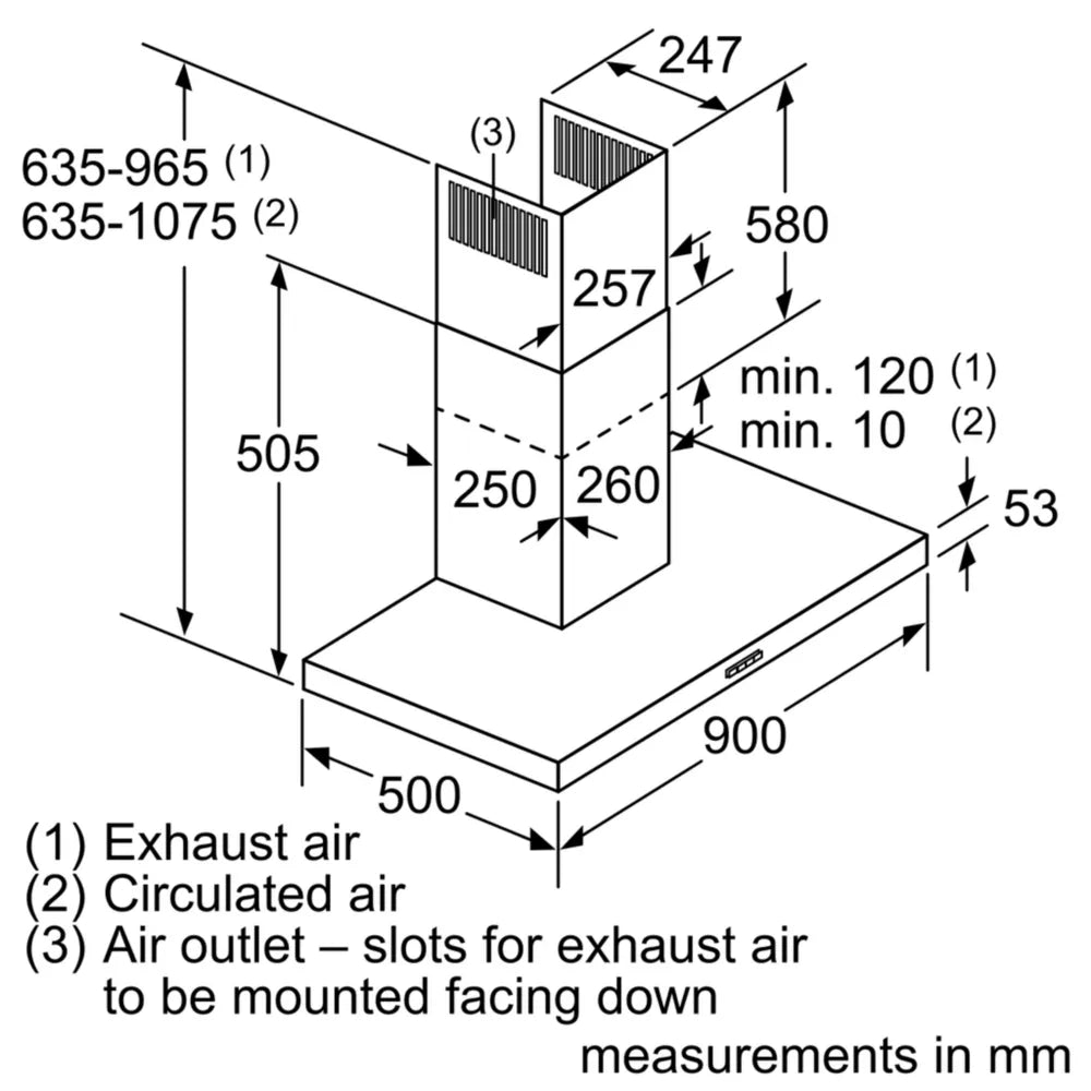 Technical drawing of Neff N50 90cm stainless steel wall-mounted cooker hood with detailed dimensions in millimeters.