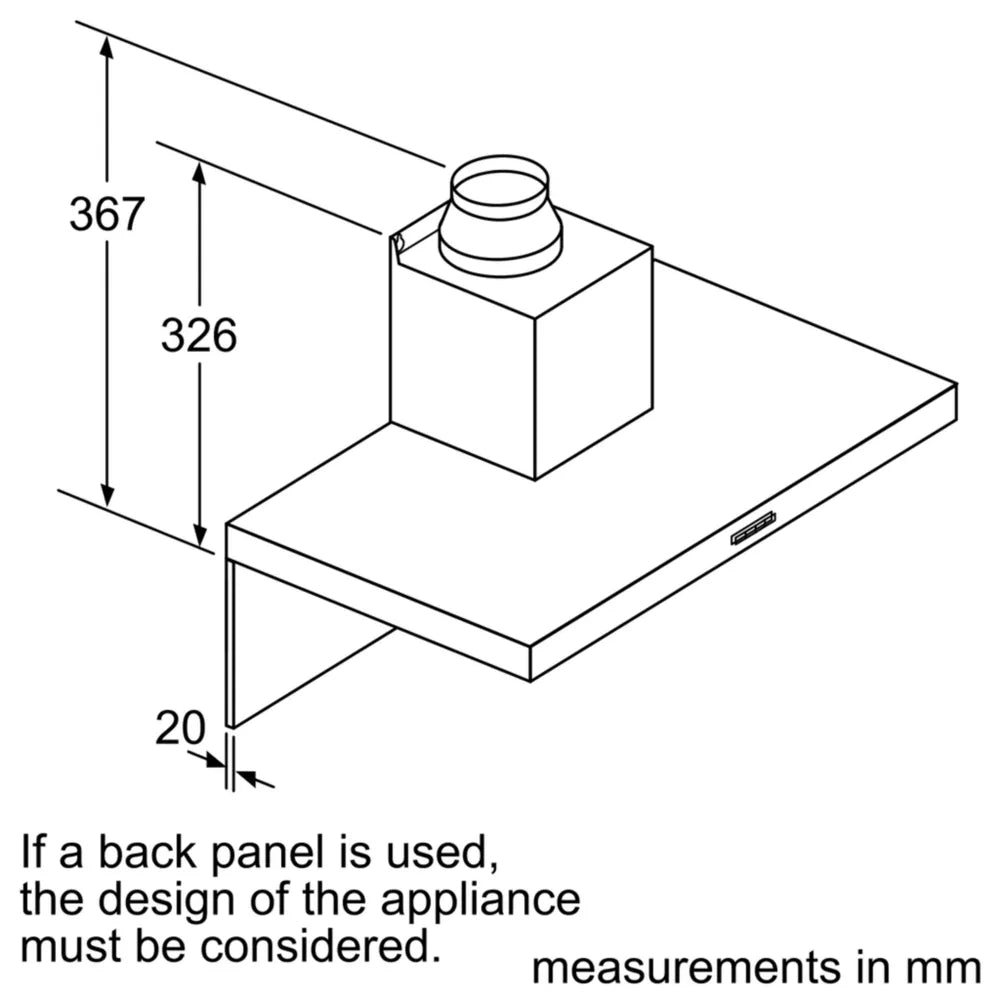 Line drawing showing dimensions and duct outlet position of Neff N50 90cm stainless steel wall-mounted cooker hood.
