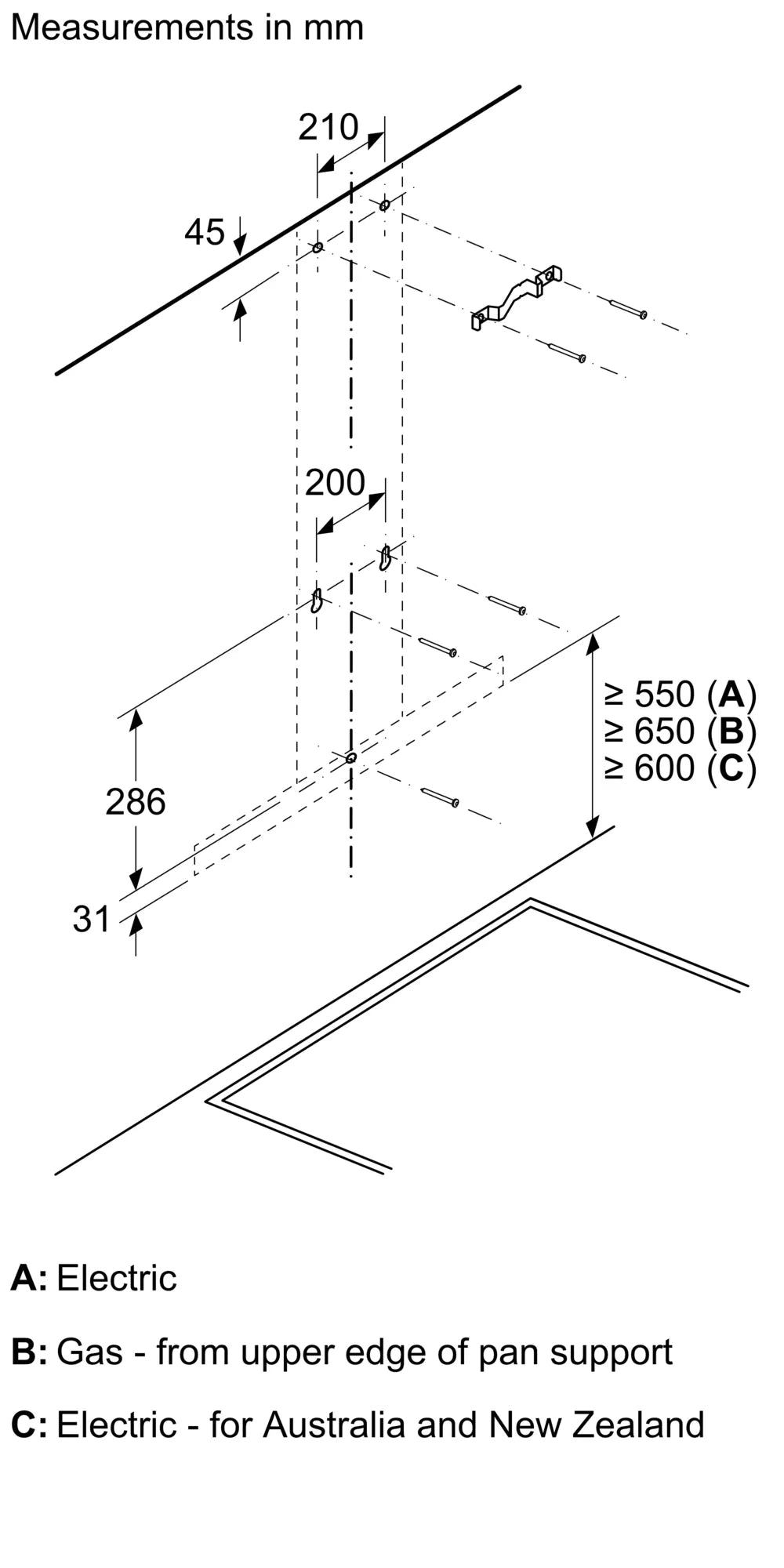 Installation diagram with measurements in millimeters for Neff N50 90cm wall-mounted cooker hood in stainless steel